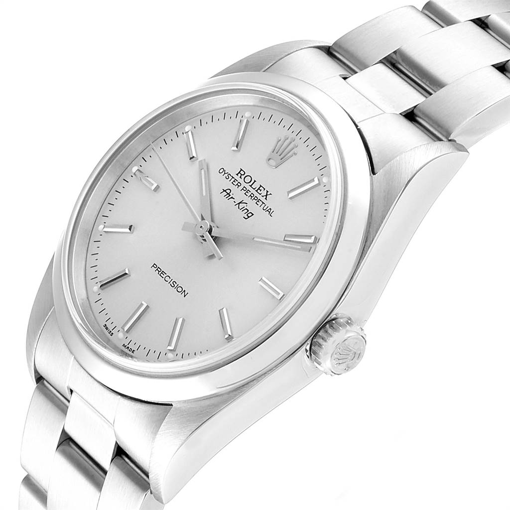 The image shows a Rolex Air-King 14000 Men's Stainless Steel Silver Dial 14000 Men's Stainless Steel Silver Dial watch at an angled close-up, highlighting the dial, bezel, crown, and part of the bracelet.