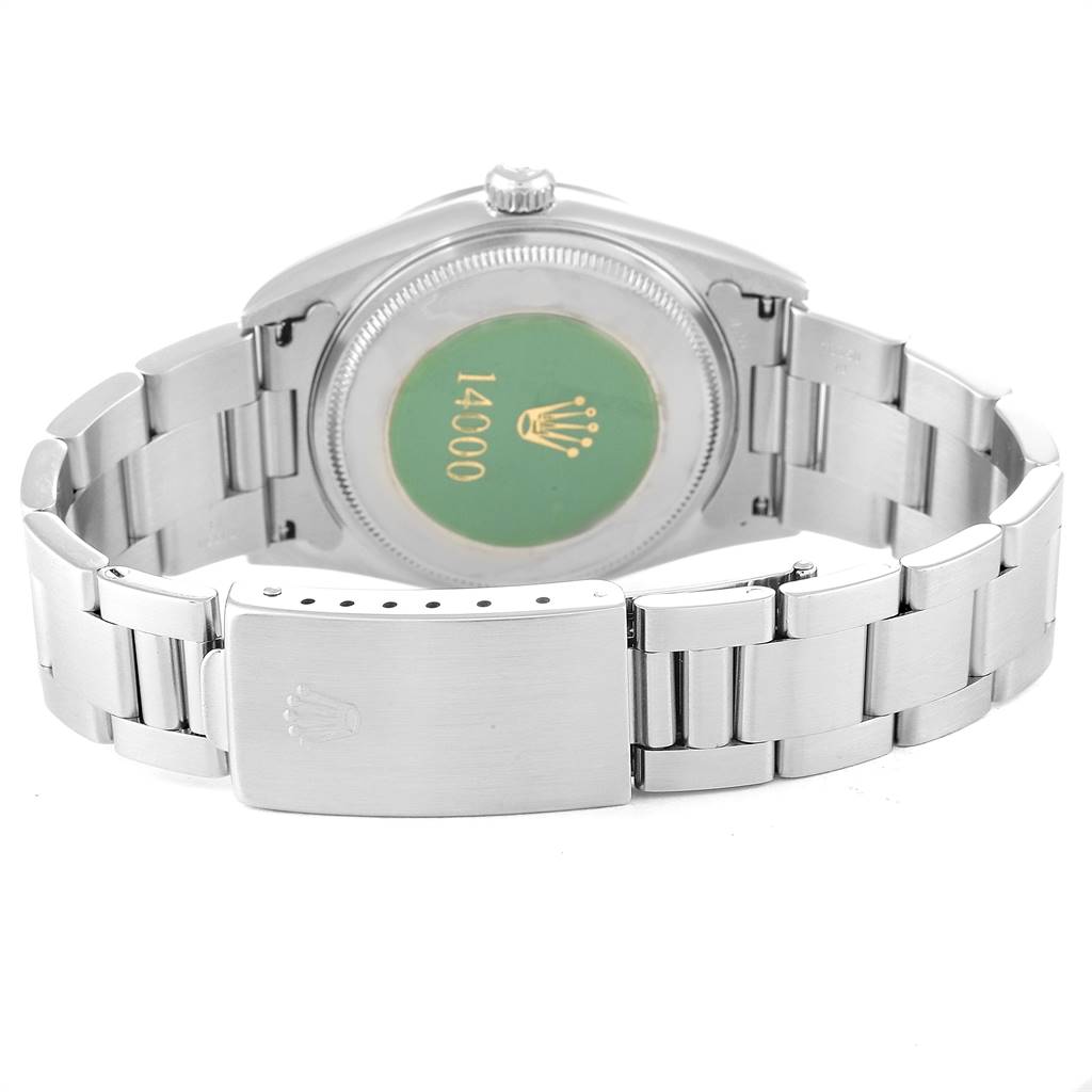 The image shows the back and bracelet of a Rolex Air-King 14000 Men's Stainless Steel Silver Dial 14000 Men's Stainless Steel Silver Dial watch, emphasizing the clasp and case back details.