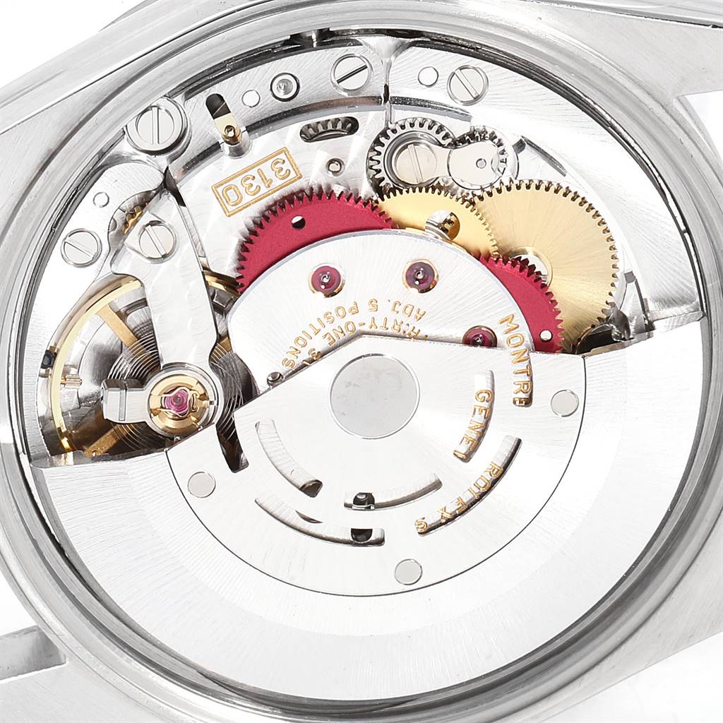 This image shows a close-up view of the movement mechanism of a Rolex Air-King 14000 Men's Stainless Steel Silver Dial 14000 Men's Stainless Steel Silver Dial watch.