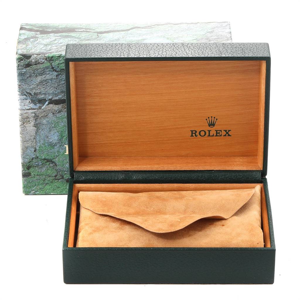 The image shows a Rolex Air-King 14000 Men's Stainless Steel Silver Dial 14000 Men's Stainless Steel Silver Dial watch box with the lid open, revealing a suede pouch inside.