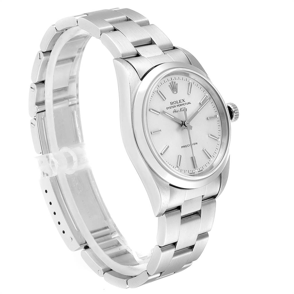 The image shows a Rolex Air-King 14000 Men's Stainless Steel Silver Dial 14000 Men's Stainless Steel Silver Dial watch at a three-quarter angle, highlighting its stainless steel bracelet, case, and white dial.