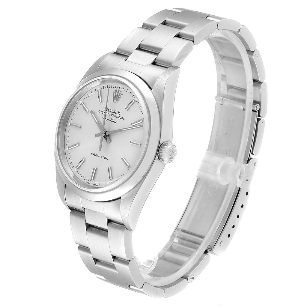The Rolex Air-King 14000 Men's Stainless Steel Silver Dial 14000 Men's Stainless Steel Silver Dial watch is shown at a slight angle, revealing its face, crown, and bracelet.