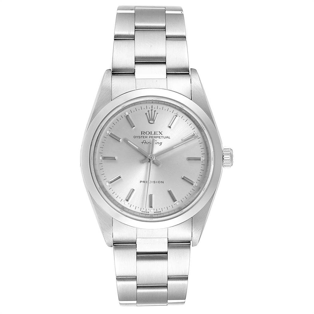 This is a front view of a Rolex Air-King 14000 Men's Stainless Steel Silver Dial 14000 Men's Stainless Steel Silver Dial watch, showing the dial, hands, markers, and bracelet.