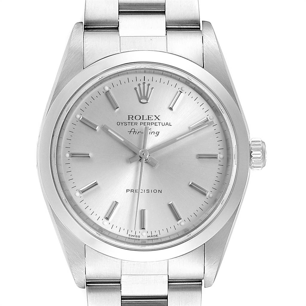 The image shows a front view of the Rolex Air-King 14000 Men's Stainless Steel Silver Dial 14000 Men's Stainless Steel Silver Dial watch, displaying its dial, hour markers, hands, crown, and part of the bracelet.