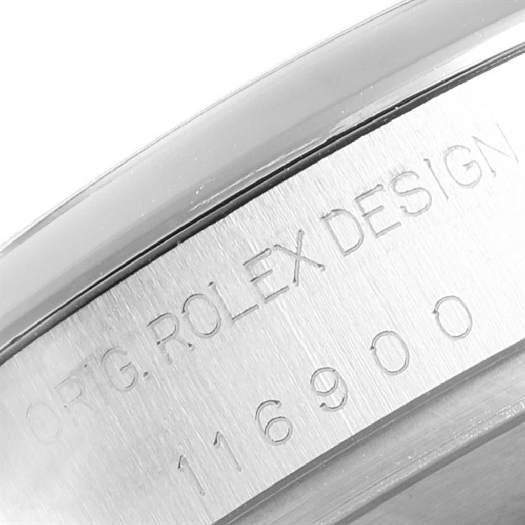 This close-up image shows the engraved model number "116900" on the case side of a Rolex Air-King 116900 Men's Stainless Steel Black Dial 116900 Men's Stainless Steel Black Dial watch.