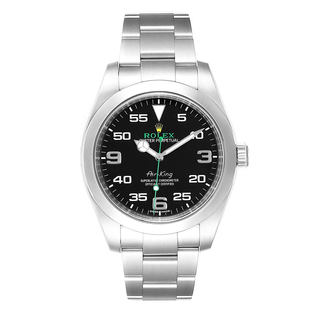 The image shows a front view of a Rolex Air-King 116900 Men's Stainless Steel Black Dial 116900 Men's Stainless Steel Black Dial watch, displaying its face, bezel, and bracelet.