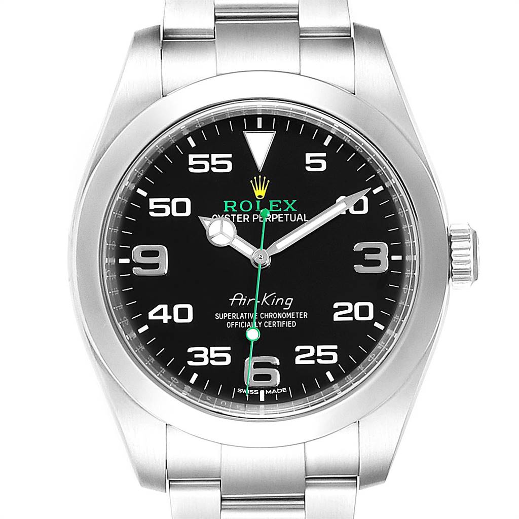 The image shows a front view of the Rolex Air-King 116900 Men's Stainless Steel Black Dial 116900 Men's Stainless Steel Black Dial watch, highlighting its black dial, hour markers, and stainless steel bracelet.