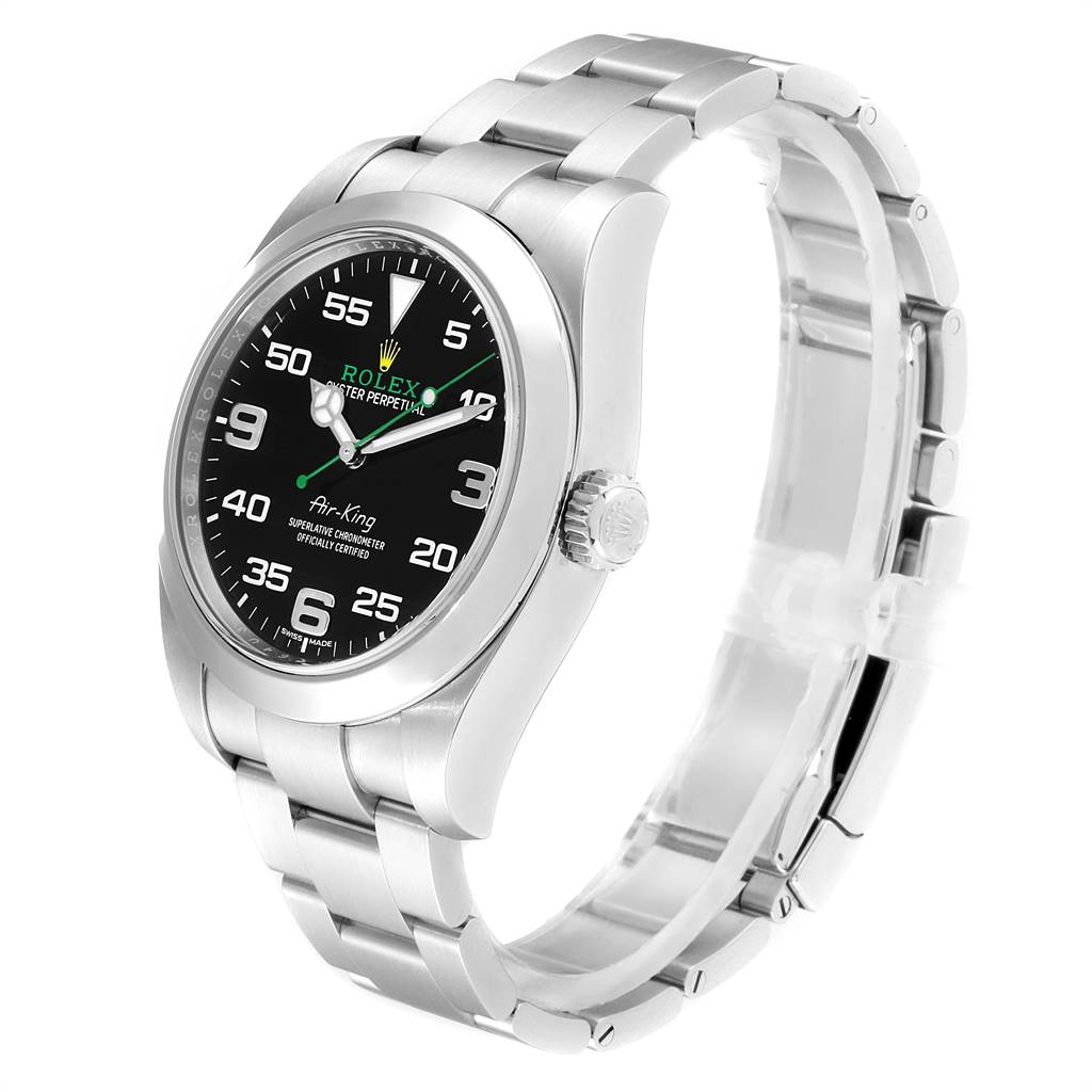 The image shows a Rolex Air-King 116900 Men's Stainless Steel Black Dial 116900 Men's Stainless Steel Black Dial watch at a three-quarter angle, featuring the black dial, stainless steel case, and bracelet.