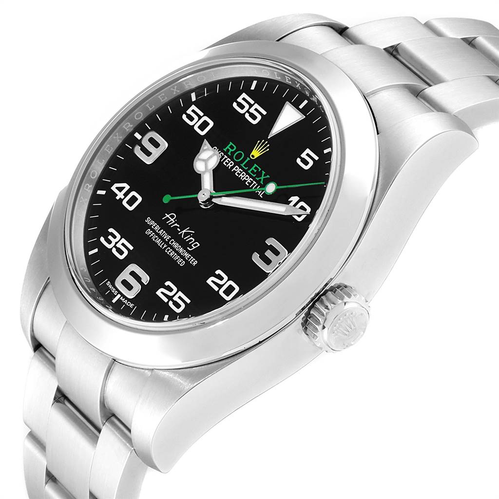 The image shows a Rolex Air-King 116900 Men's Stainless Steel Black Dial 116900 Men's Stainless Steel Black Dial watch at a slight angle displaying the face, crown, and bracelet.