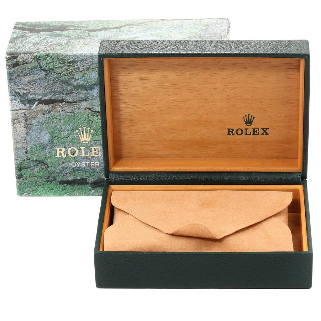 The image shows an open Rolex Air-King 14000 Men's Stainless Steel Silver Dial 14000 Men's Stainless Steel Silver Dial watch box with a pouch inside, revealing the watch storage case and the exterior packaging.