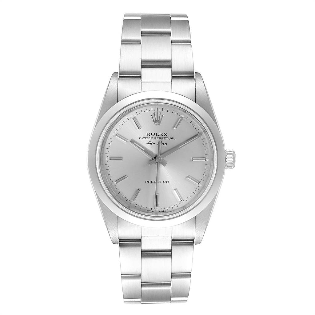 This image shows a frontal view of the Rolex Air-King 14000 Men's Stainless Steel Silver Dial 14000 Men's Stainless Steel Silver Dial watch, featuring its dial, case, and stainless steel bracelet.