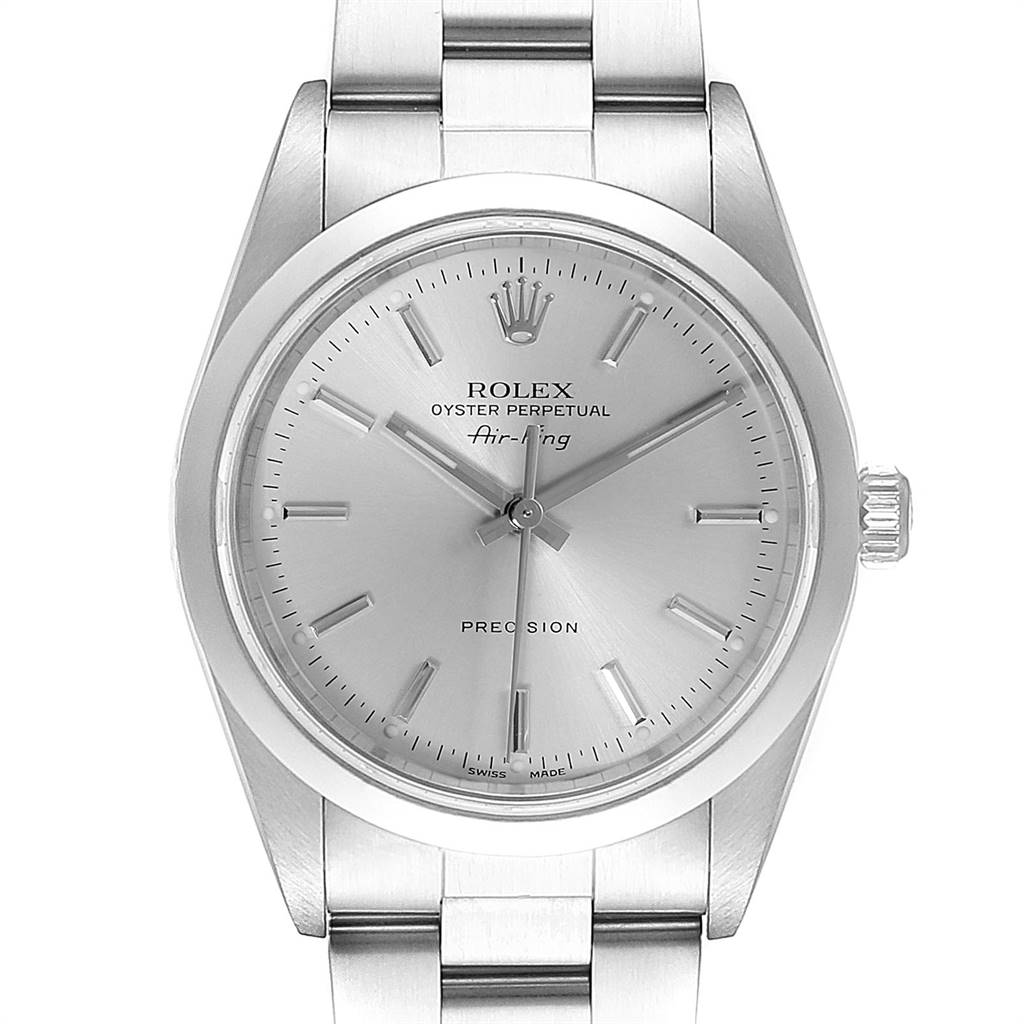 This image shows a front view of the Rolex Air-King 14000 Men's Stainless Steel Silver Dial 14000 Men's Stainless Steel Silver Dial watch, highlighting its face, hands, markers, and partial bracelet.