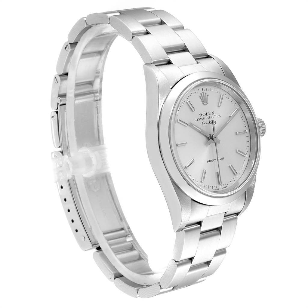 The image shows a left side angle view of a Rolex Air-King 14000 Men's Stainless Steel Silver Dial 14000 Men's Stainless Steel Silver Dial watch, highlighting the bracelet and face with its distinctive features.