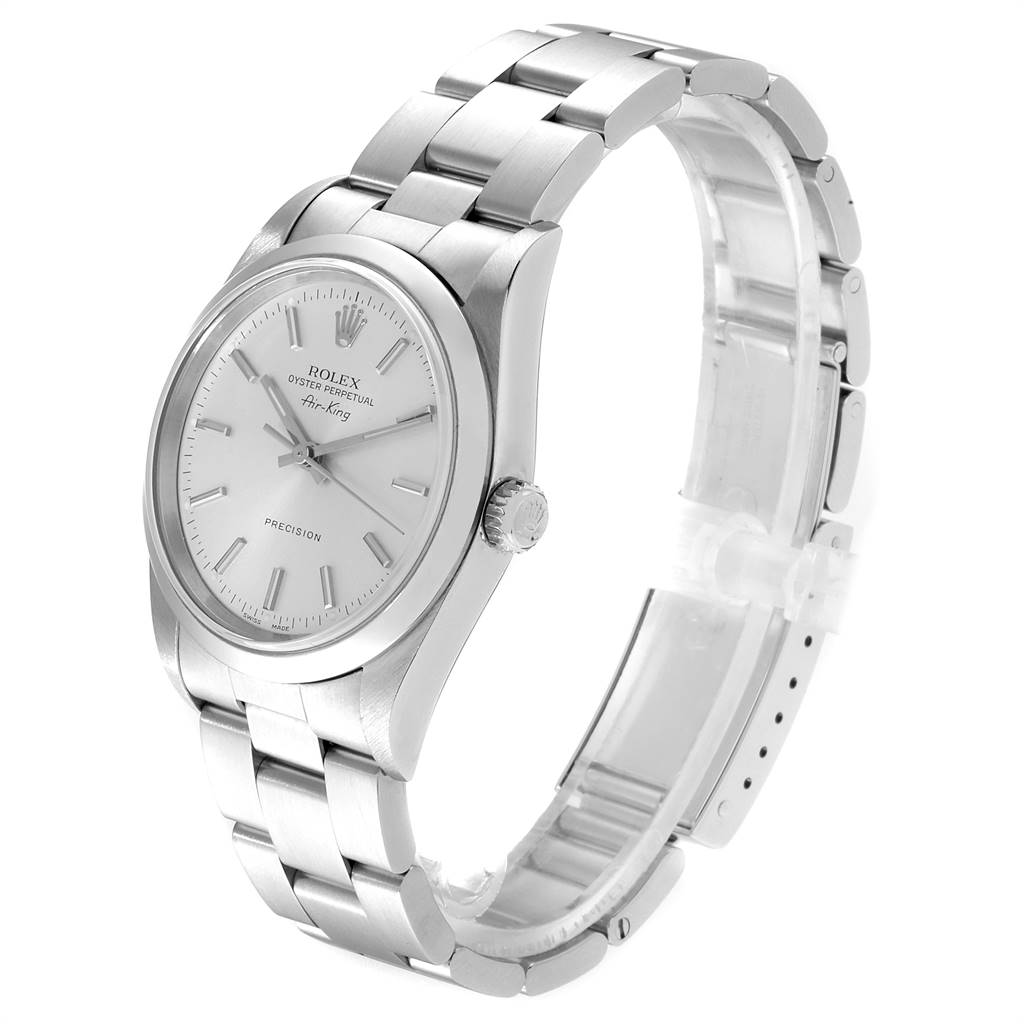 The image shows a Rolex Air-King 14000 Men's Stainless Steel Silver Dial 14000 Men's Stainless Steel Silver Dial watch at a three-quarter angle, highlighting its face, bezel, band, and crown.
