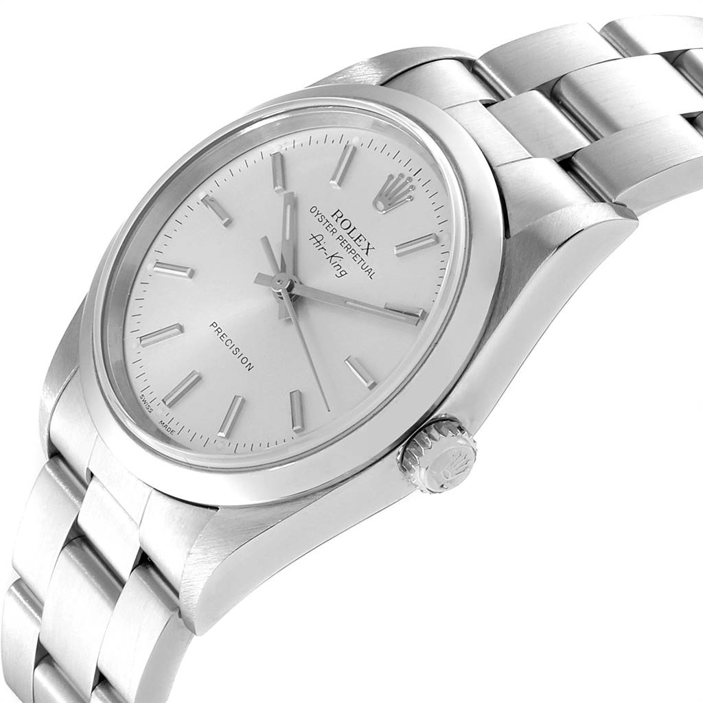 The image shows a side angle of the Rolex Air-King 14000 Men's Stainless Steel Silver Dial 14000 Men's Stainless Steel Silver Dial wristwatch, highlighting its face, crown, and bracelet.