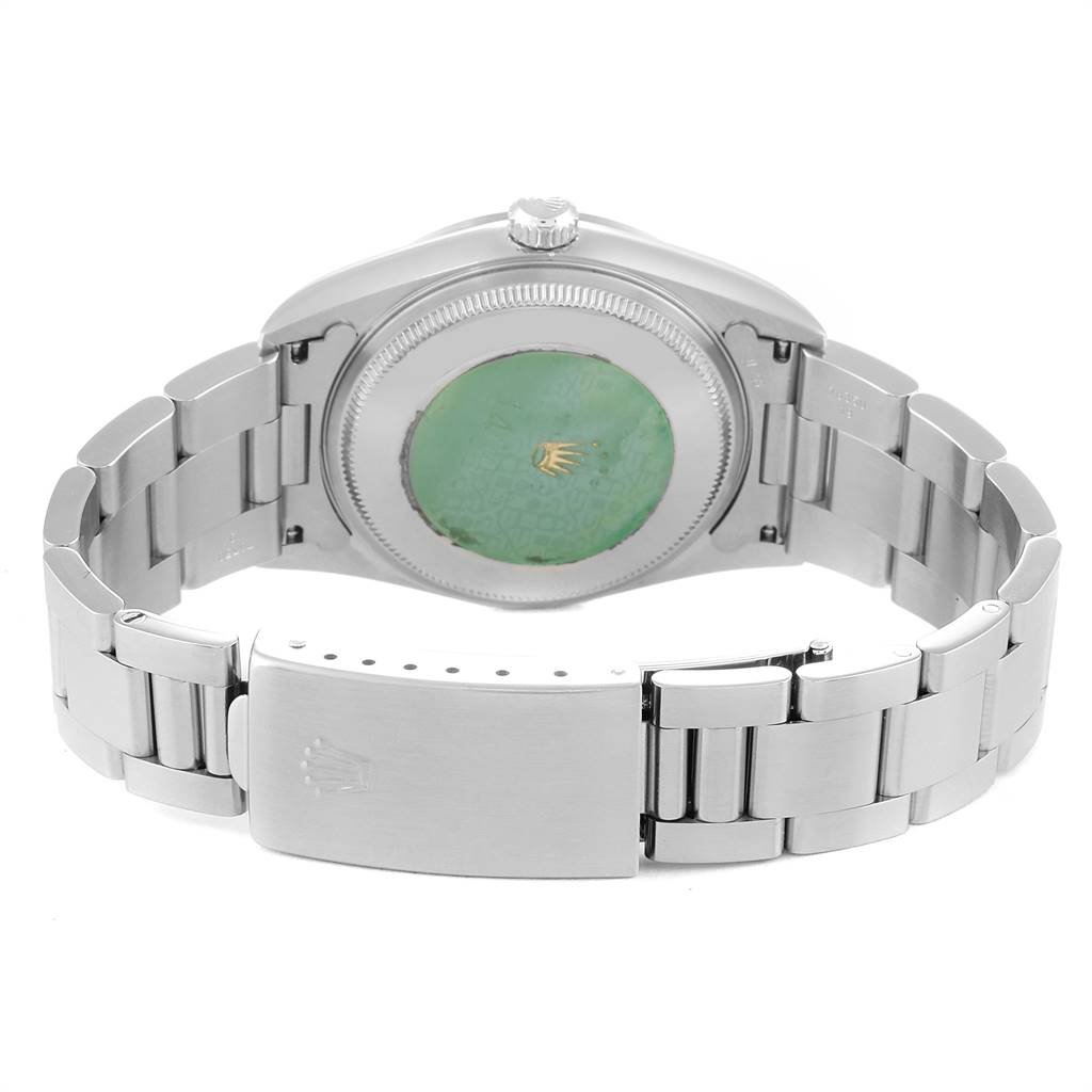 This image shows the back of the Rolex Air-King 14000 Men's Stainless Steel Silver Dial 14000 Men's Stainless Steel Silver Dial watch, highlighting its bracelet and clasp.