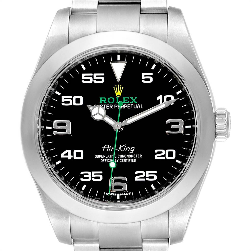 This image shows a frontal view of the Rolex Air-King 116900 Men's Stainless Steel Black Dial 116900 Men's Stainless Steel Black Dial watch, highlighting its black dial, silver numerals, and stainless steel bracelet.