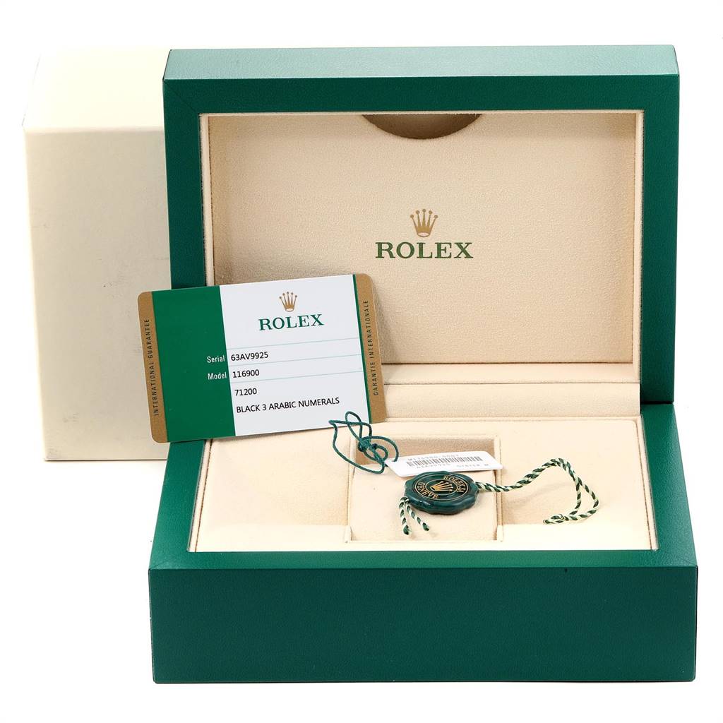 The image shows the box, card with details, and tag of a Rolex Air-King 116900 Men's Stainless Steel Black Dial 116900 Men's Stainless Steel Black Dial model watch, but the watch itself is not visible.