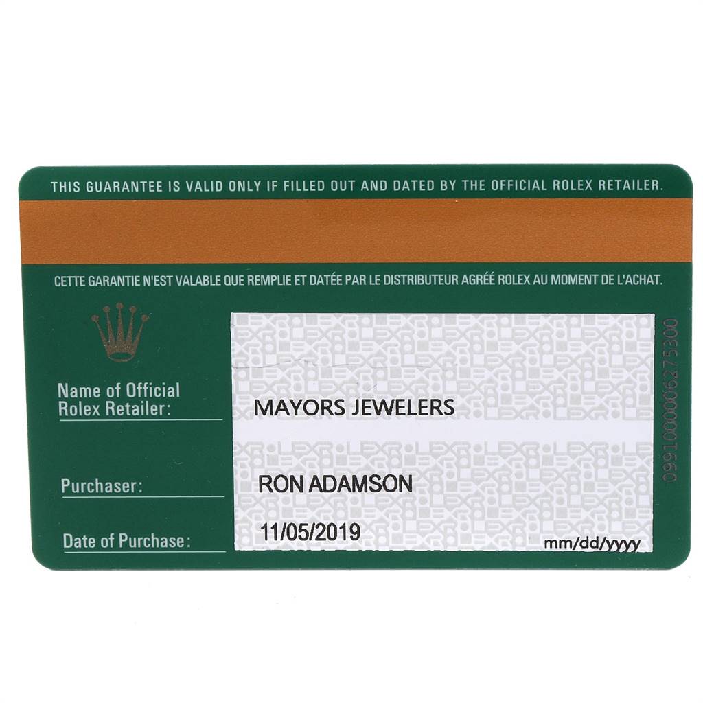 This image shows the warranty card for a Rolex Air-King 116900 Men's Stainless Steel Black Dial 116900 Men's Stainless Steel Black Dial watch, detailing the retailer, purchaser, and date of purchase.