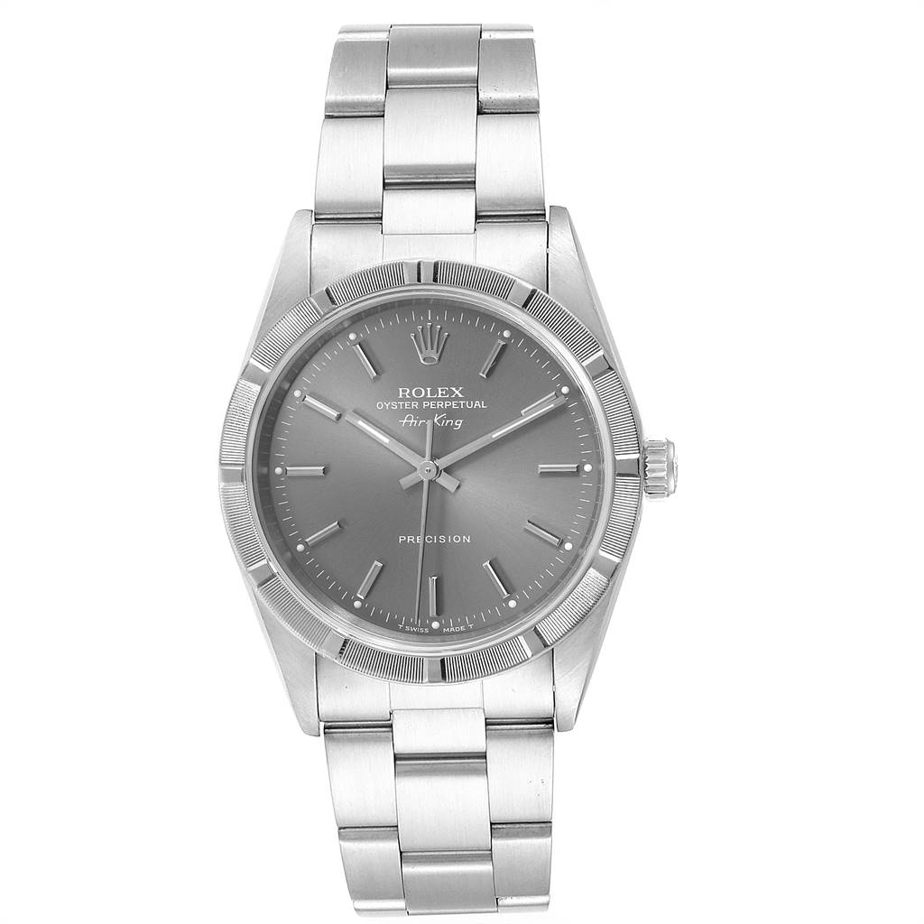 The image shows a front view of the Rolex Air-King 14010 Men's Stainless Steel Grey Dial 14010 Men's Stainless Steel Grey Dial watch displaying its dial, bezel, and bracelet.