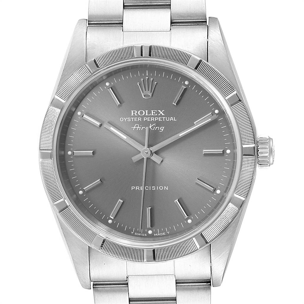 The image shows a front view of a Rolex Air-King 14010 Men's Stainless Steel Grey Dial 14010 Men's Stainless Steel Grey Dial watch, detailing the dial, bezel, and part of the bracelet.