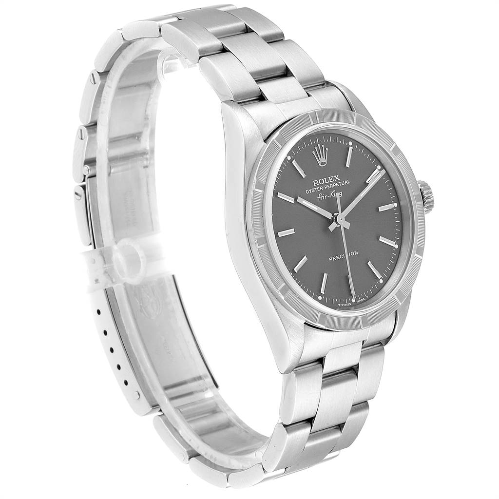 This image shows a side view of a Rolex Air-King 14010 Men's Stainless Steel Grey Dial 14010 Men's Stainless Steel Grey Dial watch, displaying the bracelet, case, crown, and dial.
