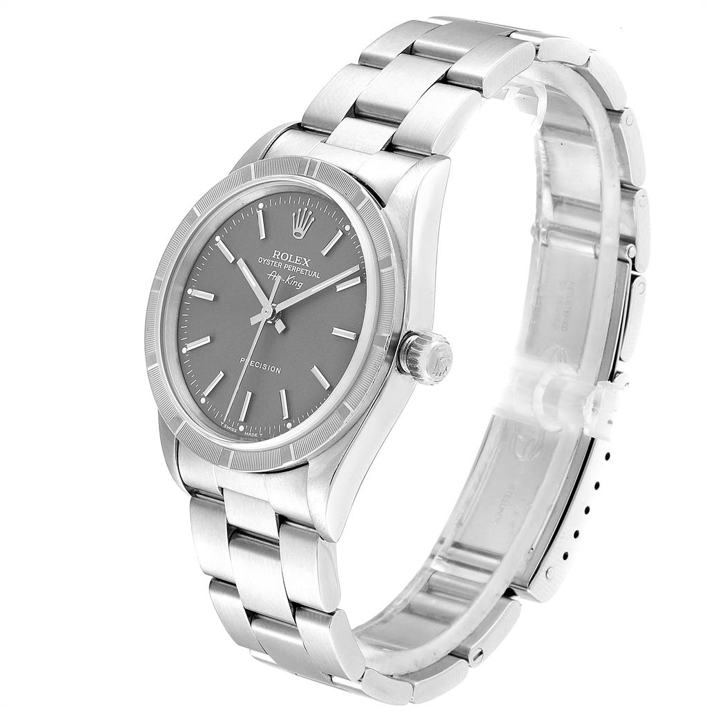The image shows a side-angle view of the Rolex Air-King 14010 Men's Stainless Steel Grey Dial 14010 Men's Stainless Steel Grey Dial watch, displaying the face, bezel, crown, and part of the bracelet.