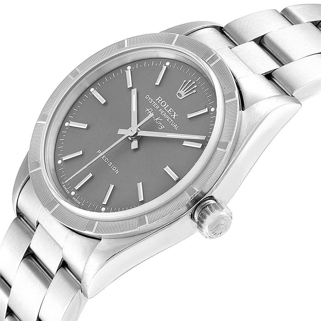 The image shows a Rolex Air-King 14010 Men's Stainless Steel Grey Dial 14010 Men's Stainless Steel Grey Dial watch at an angled close-up, highlighting the dial, crown, and part of the bracelet.