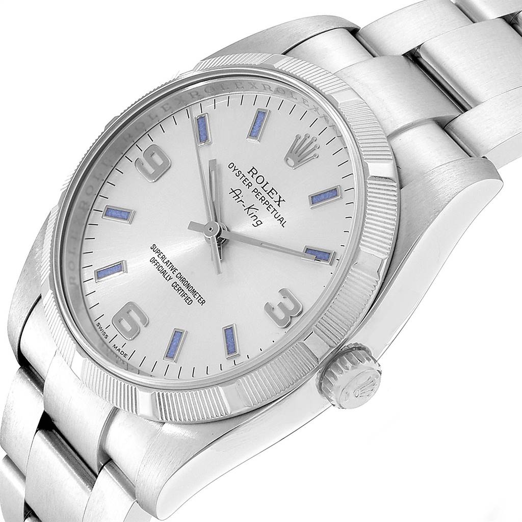 The image shows a Rolex Air-King 114210 Men's Stainless Steel Silver Dial 114210 Men's Stainless Steel Silver Dial watch at a slight angle, highlighting the dial, bezel, and bracelet.