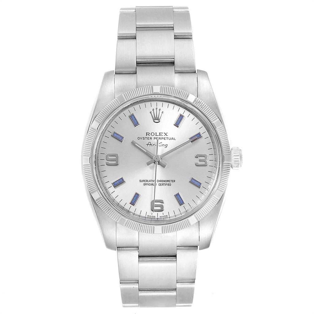 The image shows a front view of a Rolex Air-King 114210 Men's Stainless Steel Silver Dial 114210 Men's Stainless Steel Silver Dial watch, displaying its face, bezel, and bracelet.