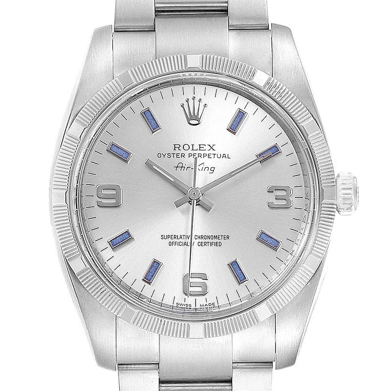 Rolex Air King Silver Dial Blue Markers Steel Mens Watch 114210 Unworn SwissWatchExpo