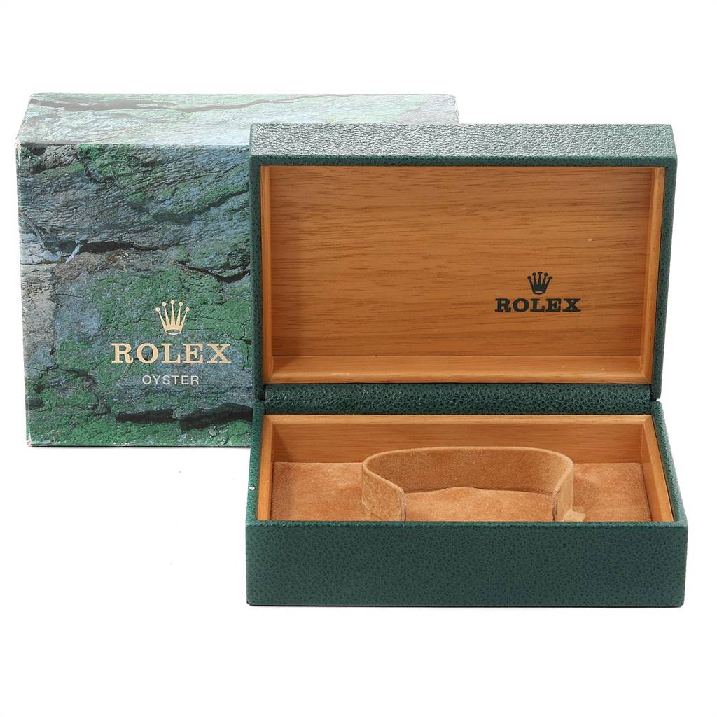This image shows an open Rolex Air-King 14000 Men's Stainless Steel Black Dial 14000 Men's Stainless Steel Black Dial watch box, with the green outer box and inner wooden compartment visible.