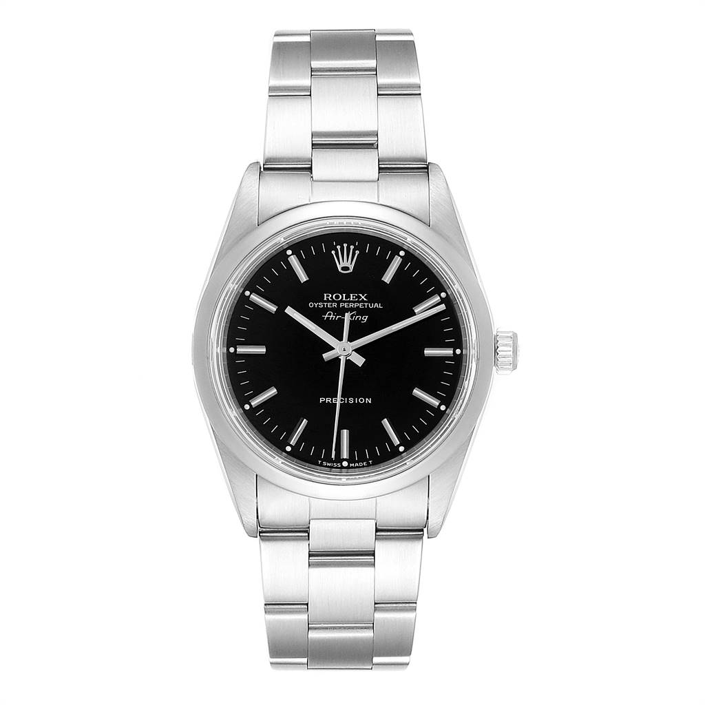 This image shows a front view of the Rolex Air-King 14000 Men's Stainless Steel Black Dial 14000 Men's Stainless Steel Black Dial watch, showcasing its black dial and metal bracelet.