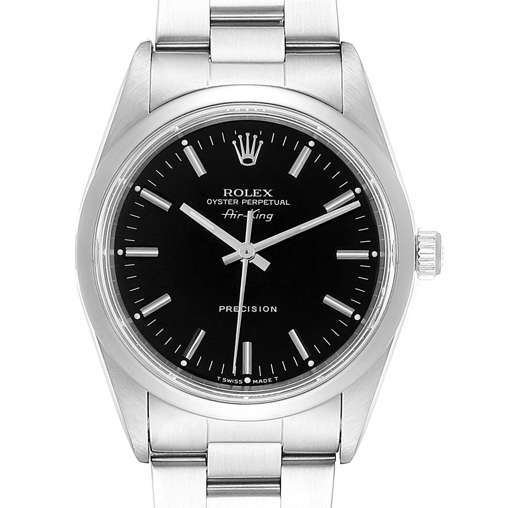This image shows a front view of the Rolex Air-King 14000 Men's Stainless Steel Black Dial 14000 Men's Stainless Steel Black Dial watch, focusing on the dial and bracelet.