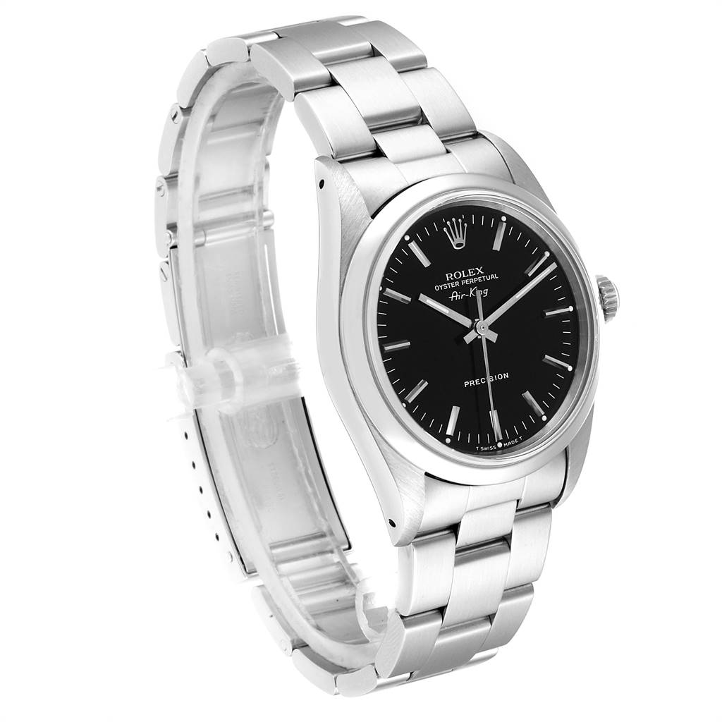 The Rolex Air-King 14000 Men's Stainless Steel Black Dial 14000 Men's Stainless Steel Black Dial watch is shown at an angled view displaying its face, bezel, and bracelet.