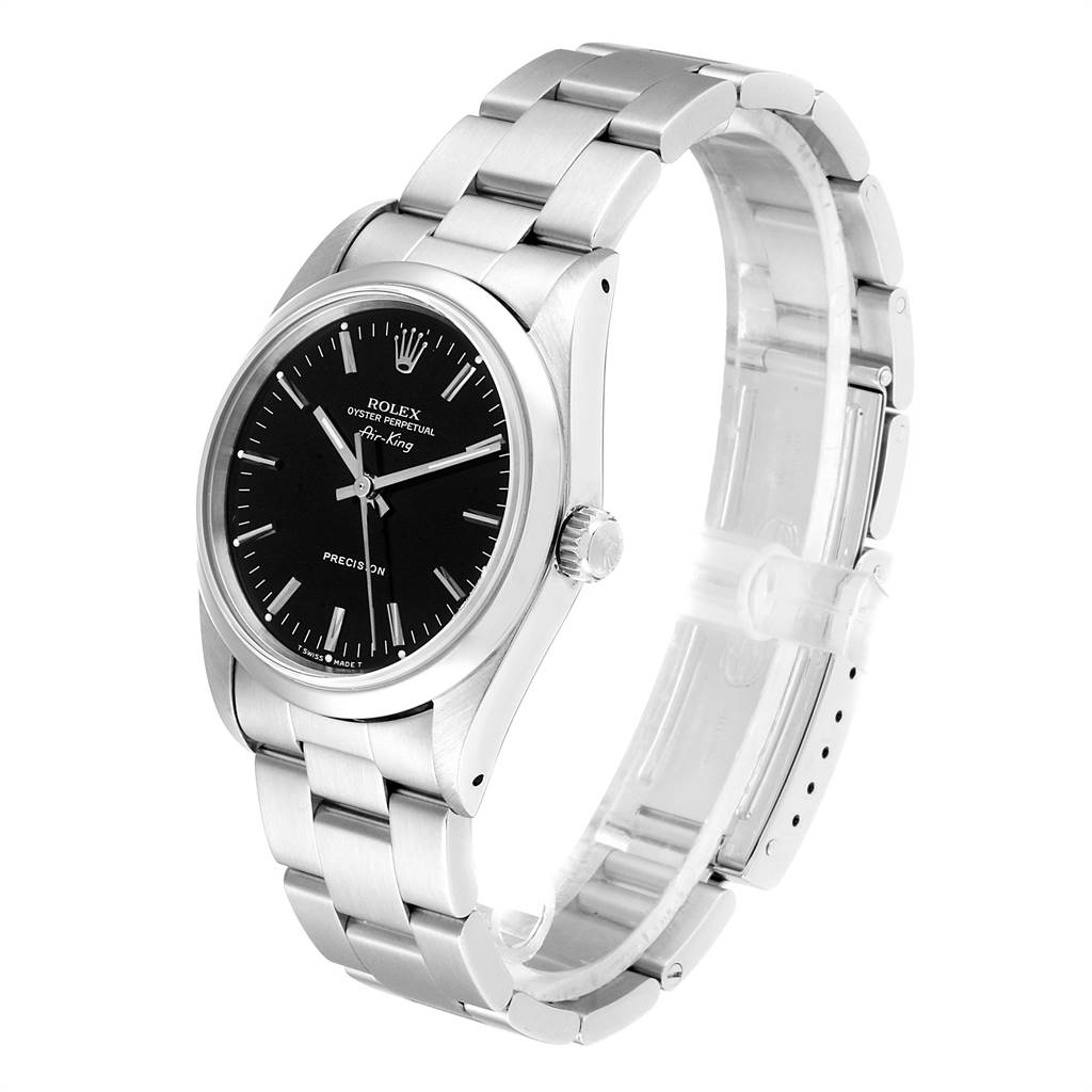 The Rolex Air-King 14000 Men's Stainless Steel Black Dial 14000 Men's Stainless Steel Black Dial watch is shown at a three-quarter angle, displaying its black dial, crown, and metal bracelet.