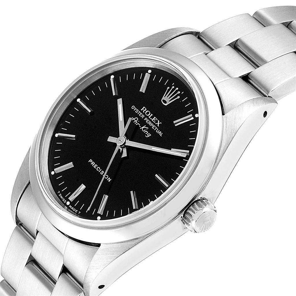 The image shows a side view of the Rolex Air-King 14000 Men's Stainless Steel Black Dial 14000 Men's Stainless Steel Black Dial watch, highlighting its black dial, silver hands, and bracelet.