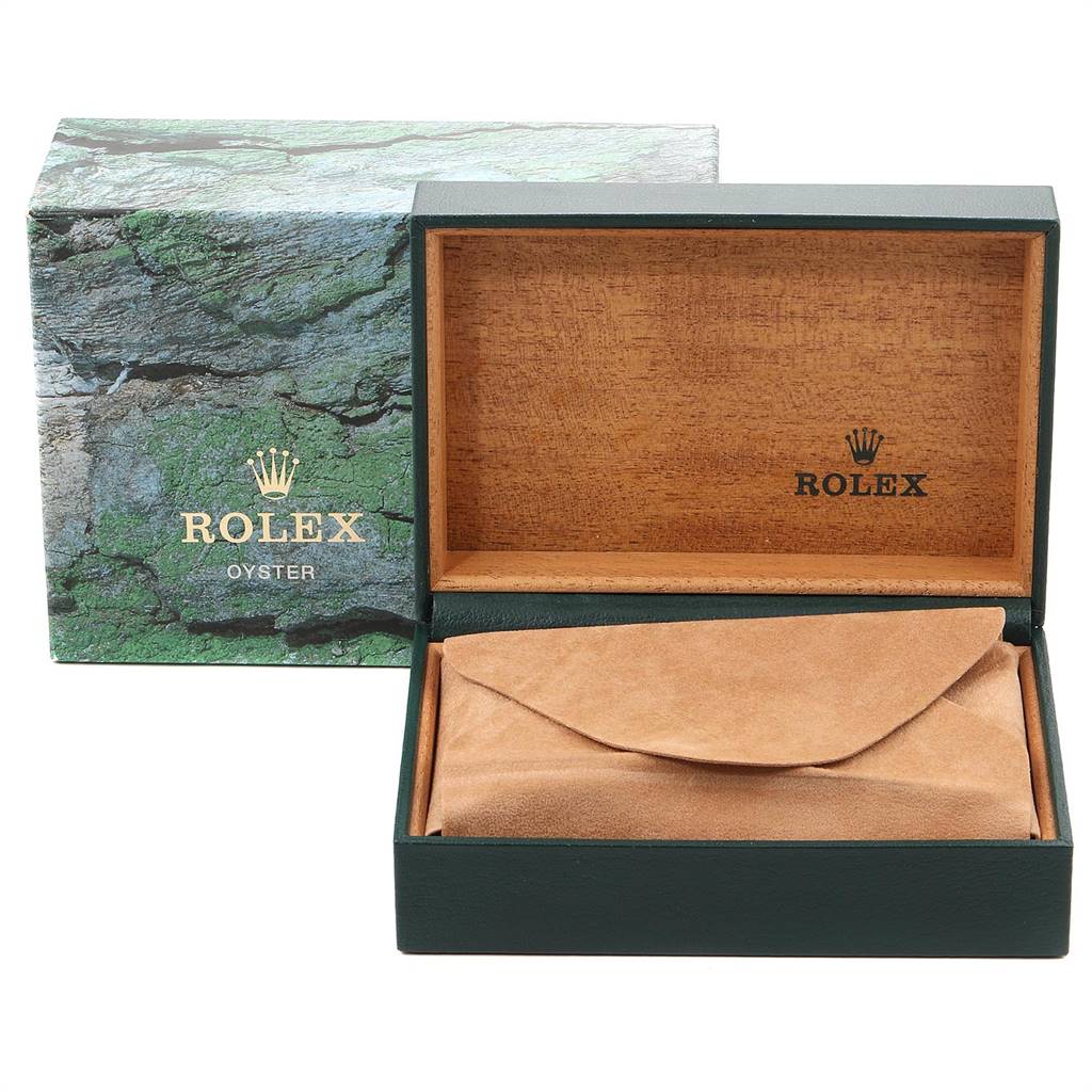 This image shows the Rolex Air-King 14010 Men's Stainless Steel Pink Dial 14010 Men's Stainless Steel Pink Dial watch box, including the outer green box and the open inner wooden case.