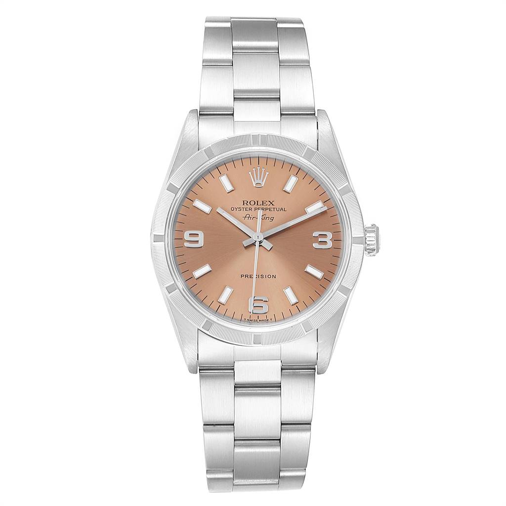 This image shows a front view of the Rolex Air-King 14010 Men's Stainless Steel Pink Dial 14010 Men's Stainless Steel Pink Dial model, displaying its face, bezel, and bracelet.