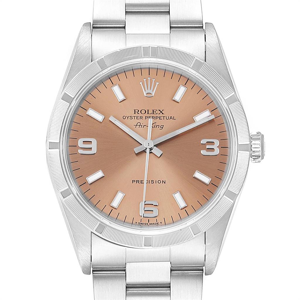 The image shows a front view of the Rolex Air-King 14010 Men's Stainless Steel Pink Dial 14010 Men's Stainless Steel Pink Dial watch, featuring its dial, crown, and bracelet.