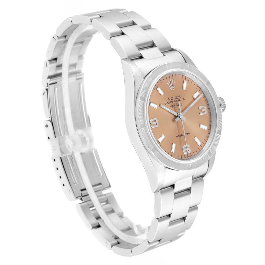 The image shows a Rolex Air-King 14010 Men's Stainless Steel Pink Dial 14010 Men's Stainless Steel Pink Dial watch from a left three-quarter angle, highlighting the face, case, and partially open metal bracelet.