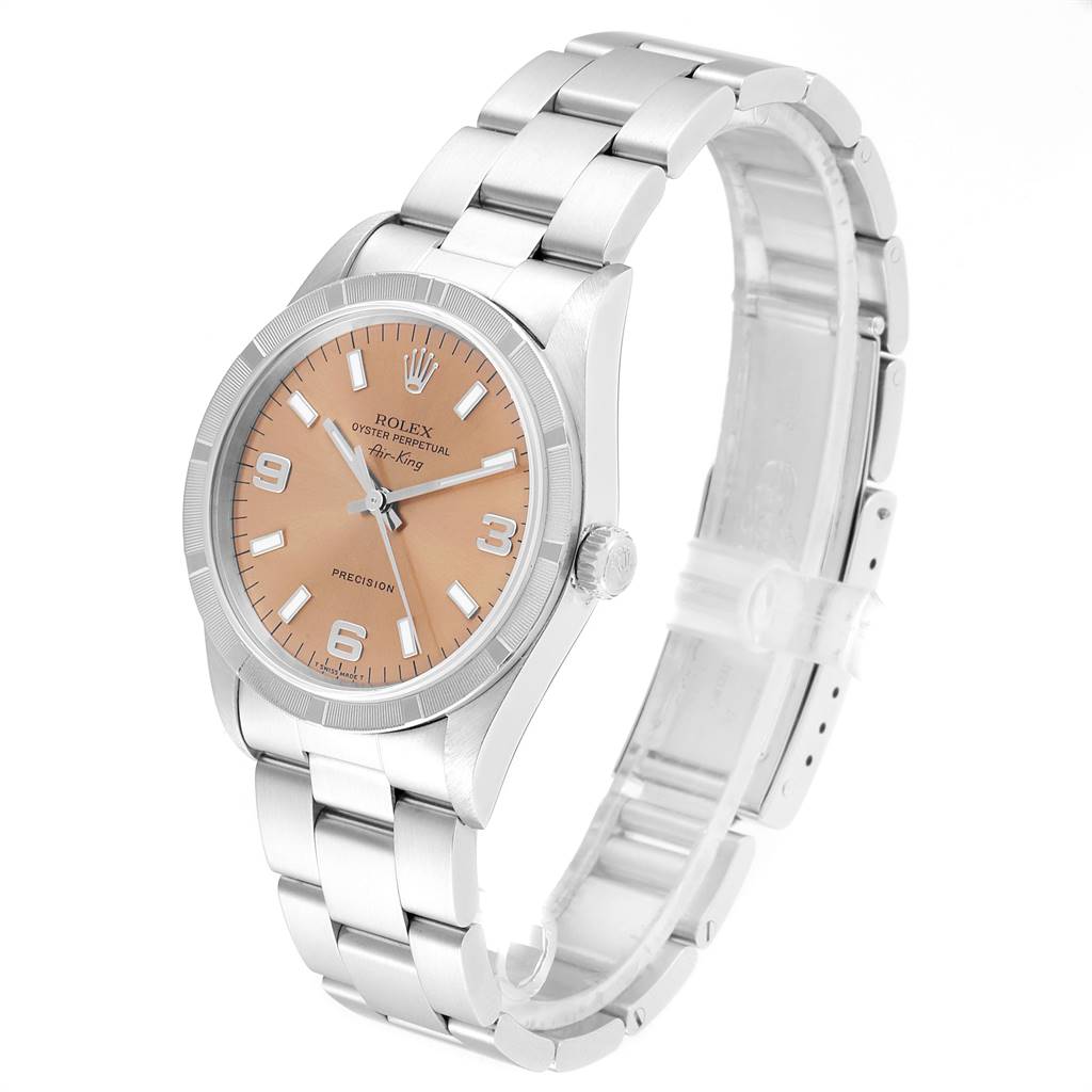 This image shows a side and front view of the Rolex Air-King 14010 Men's Stainless Steel Pink Dial 14010 Men's Stainless Steel Pink Dial watch, featuring its dial, case, and bracelet.