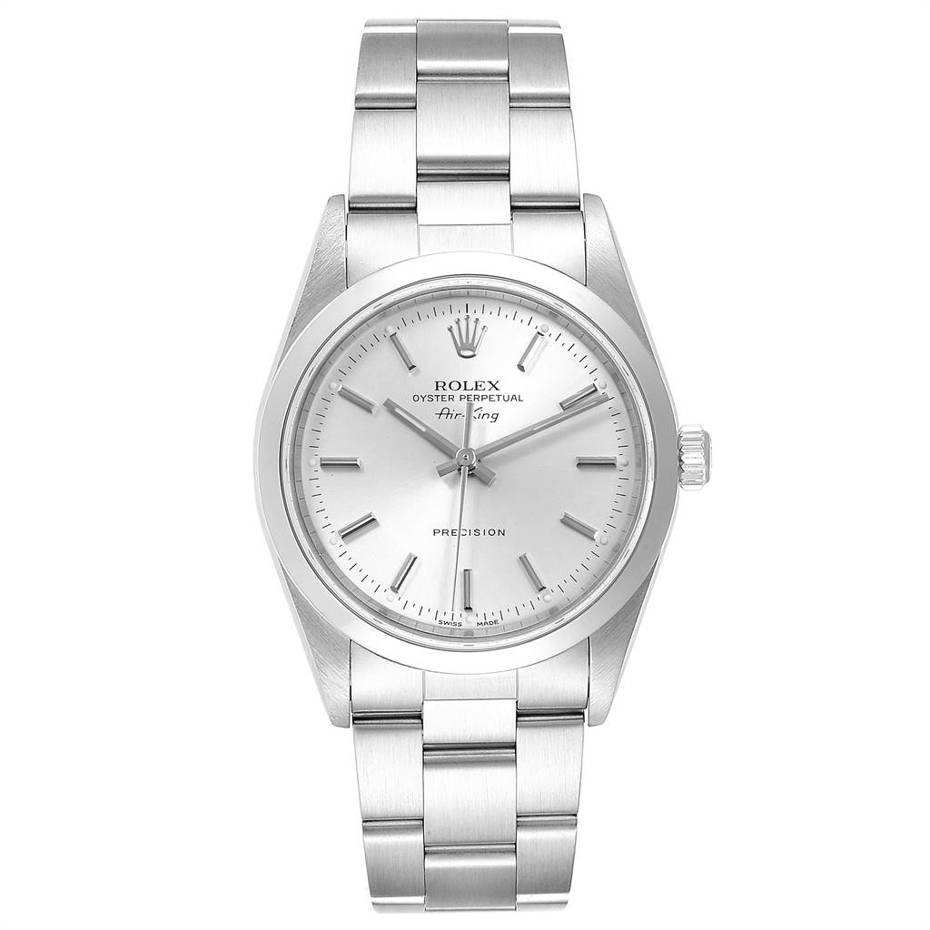 The image shows a frontal view of the Rolex Air-King 14000 Men's Stainless Steel Silver Dial 14000 Men's Stainless Steel Silver Dial watch, including the face, bezel, and bracelet.