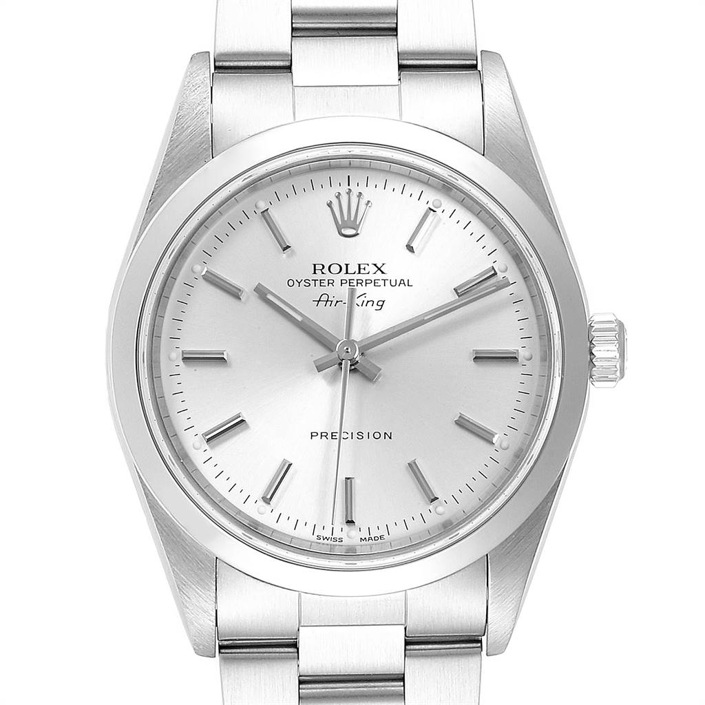 The image shows a front view of the Rolex Air-King 14000 Men's Stainless Steel Silver Dial 14000 Men's Stainless Steel Silver Dial watch, highlighting its dial, bezel, crown, and part of the bracelet.
