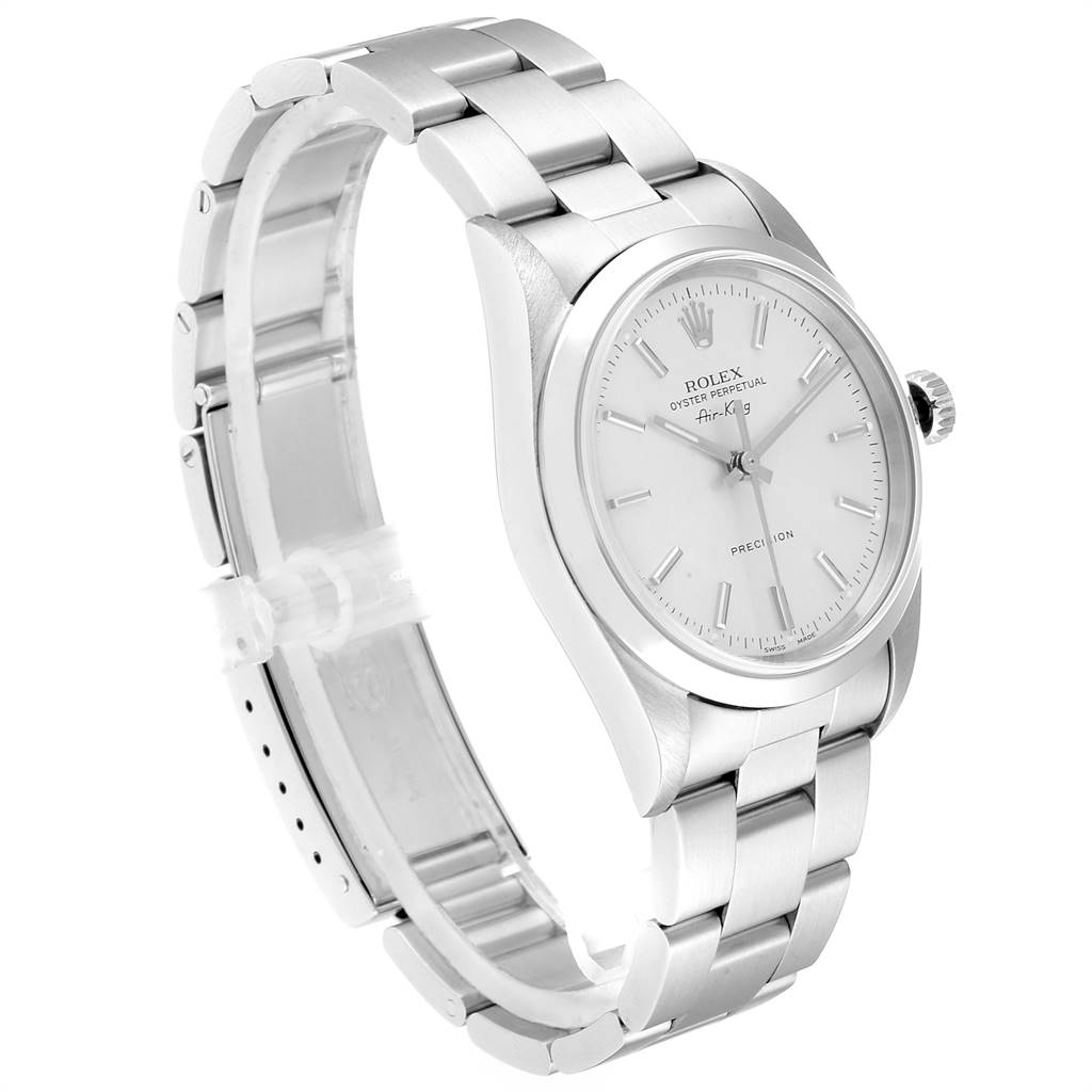 The image shows a Rolex Air-King 14000 Men's Stainless Steel Silver Dial 14000 Men's Stainless Steel Silver Dial watch from a side angle, highlighting the dial, crown, and bracelet.