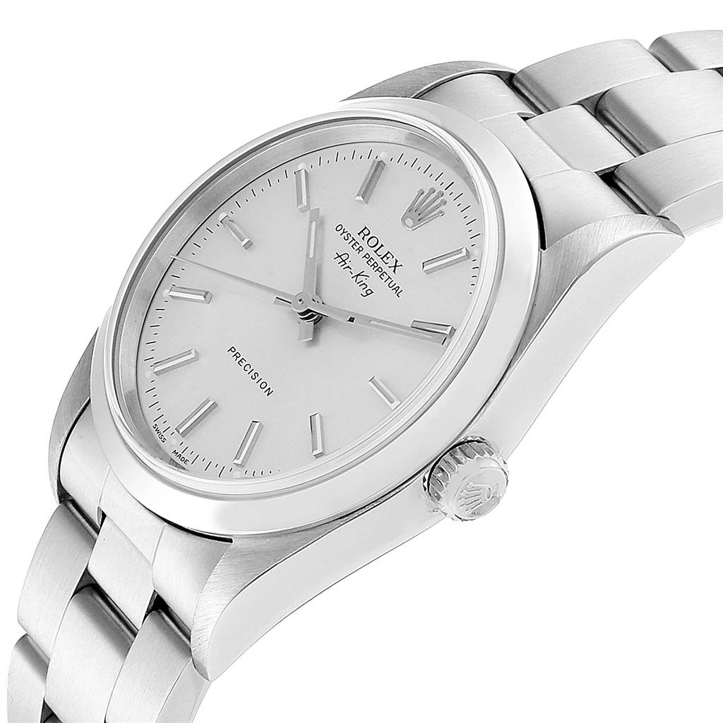 The Rolex Air-King 14000 Men's Stainless Steel Silver Dial 14000 Men's Stainless Steel Silver Dial watch is shown at a slight angle, displaying the face, crown, and part of the bracelet.