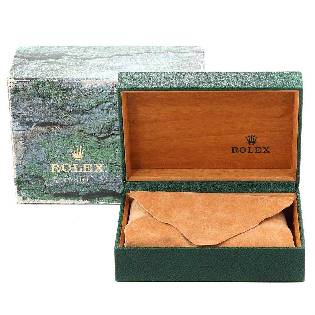 The image shows a Rolex Air-King 14000 Men's Stainless Steel Silver Dial 14000 Men's Stainless Steel Silver Dial watch box with the outer box, inner wooden box, and a suede pouch inside.