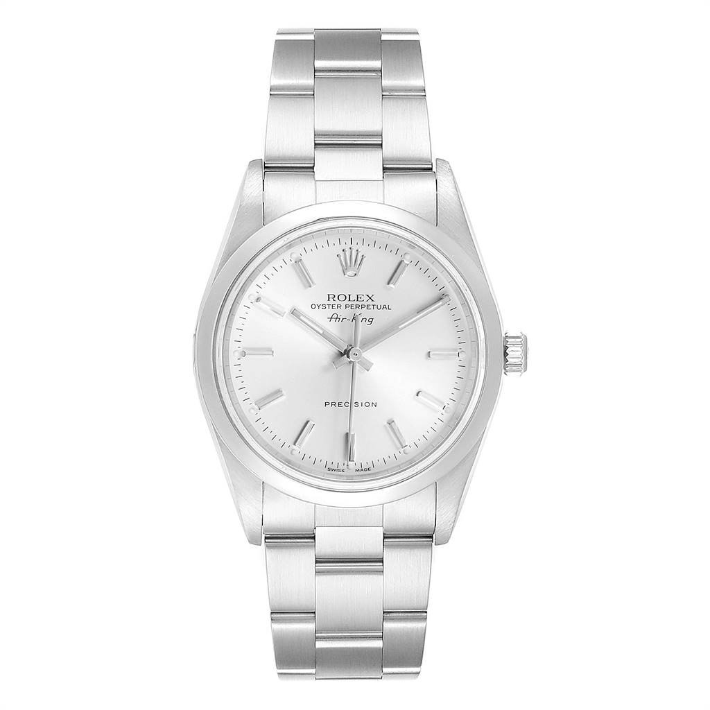 This image shows a front view of the Rolex Air-King 14000 Men's Stainless Steel Silver Dial 14000 Men's Stainless Steel Silver Dial watch, displaying the dial, bezel, and bracelet.