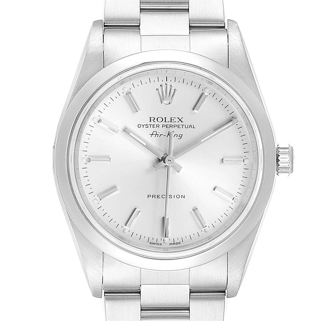 The image shows a front view of the Rolex Air-King 14000 Men's Stainless Steel Silver Dial 14000 Men's Stainless Steel Silver Dial watch, highlighting its dial, hands, and bracelet.