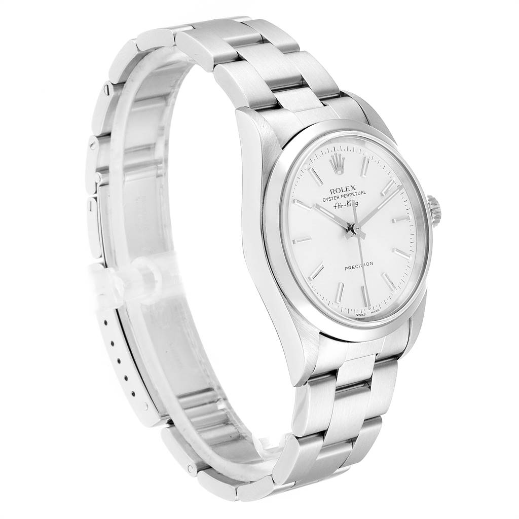 The Rolex Air-King 14000 Men's Stainless Steel Silver Dial 14000 Men's Stainless Steel Silver Dial watch is shown at a slight angle, displaying the face, bezel, bracelet, and clasp.